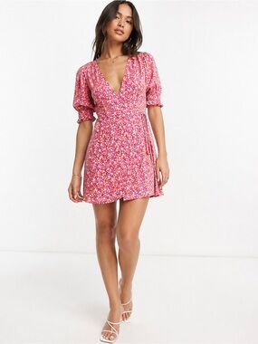 NWT ASOS Pieces Wrap Ditsy Floral Pink Mini Dress Feminine Flowy Girly